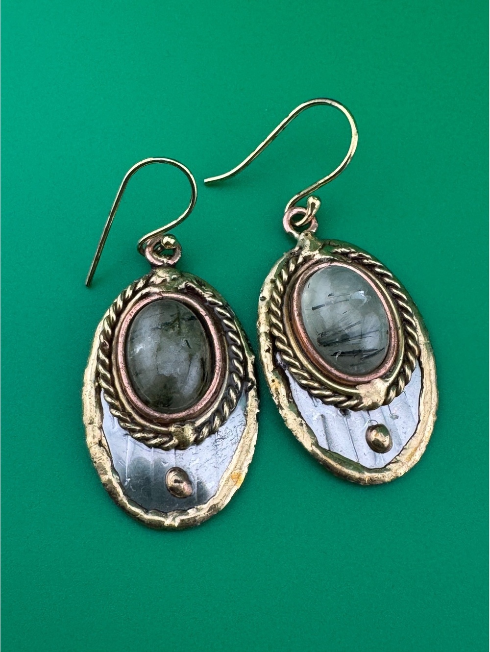 Mixed Metal and Moss Agate Stone Earrings